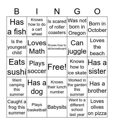 Welcome back! Bingo Card