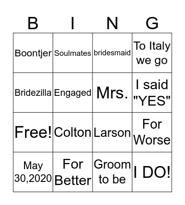 BRIDAL BINGO Card