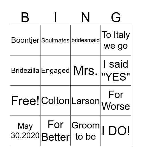 BRIDAL BINGO Card