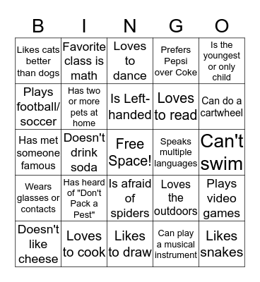 "Don't Pack A Pest" Bingo Card