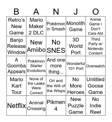 Nintendo Direct Bingo Card