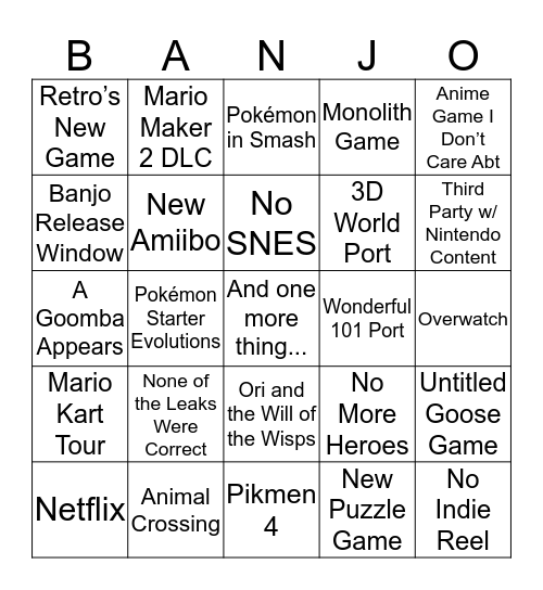 Nintendo Direct Bingo Card