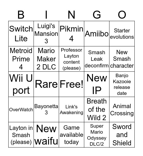 Nintendo Direct 09/04 Bingo Card