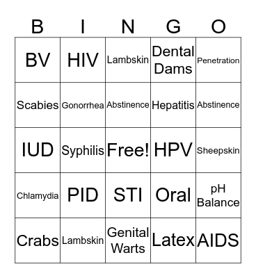 Sexual Health Bingo Card