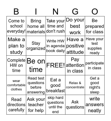 Study Skills  Bingo Card