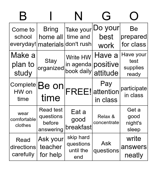 Study Skills  Bingo Card