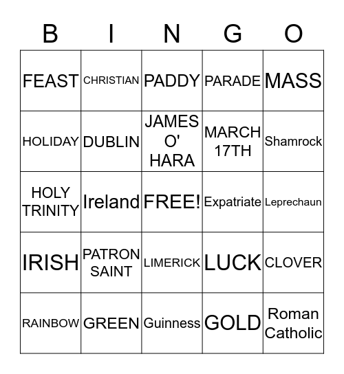 St. Patrick's Day Bingo Card