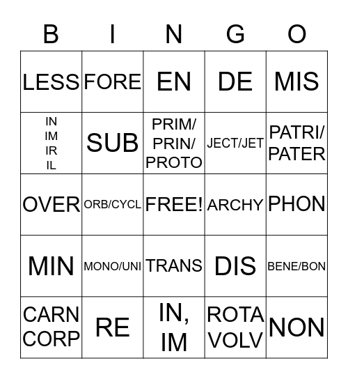 ROOT WORDS/PPREFIXES/SUFFIXES Bingo Card