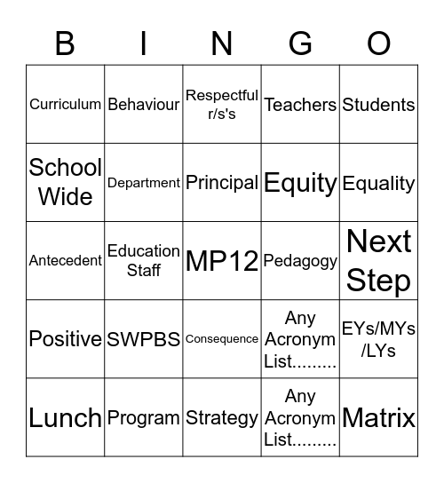 School Wide Positive Behaviour Bingo Card