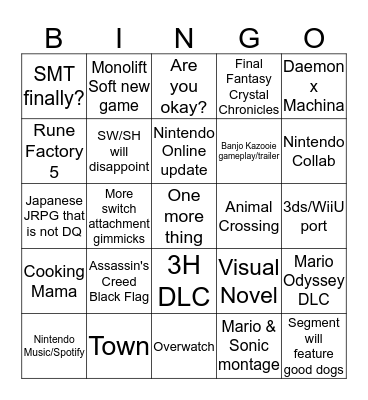 Nintendo Direct 9/4 Bingo Card