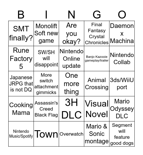 Nintendo Direct 9/4 Bingo Card