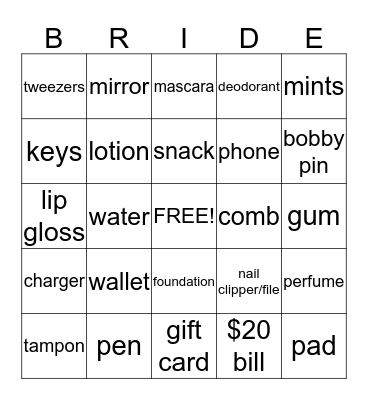 Narissa's Bridal Shower Bingo Card