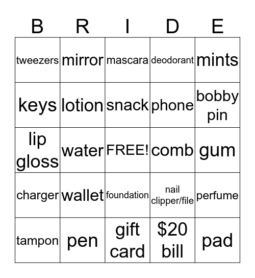 Narissa's Bridal Shower Bingo Card