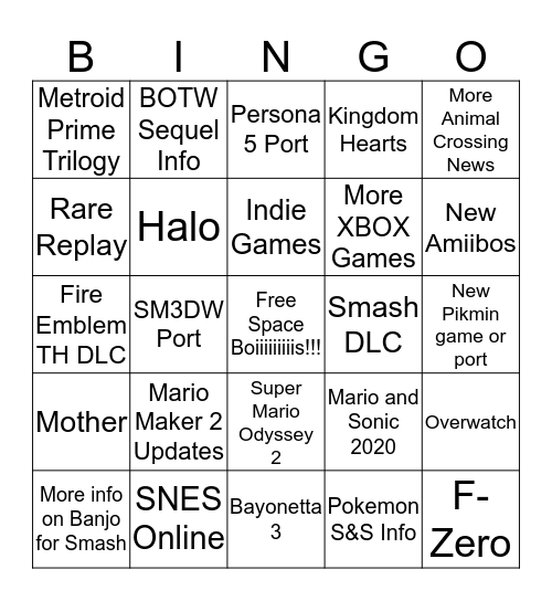 Nintendo Direct 9.4.19 Bingo Card
