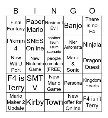 nintendo direct Bingo Card