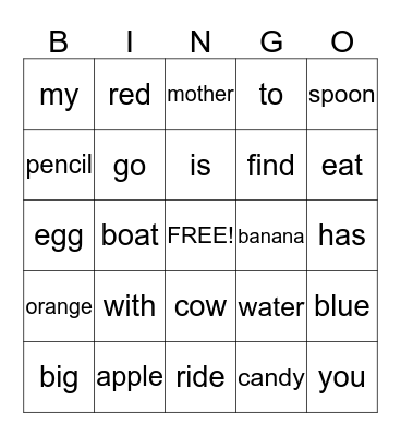 Edmark Bingo (words 21-43) Bingo Card