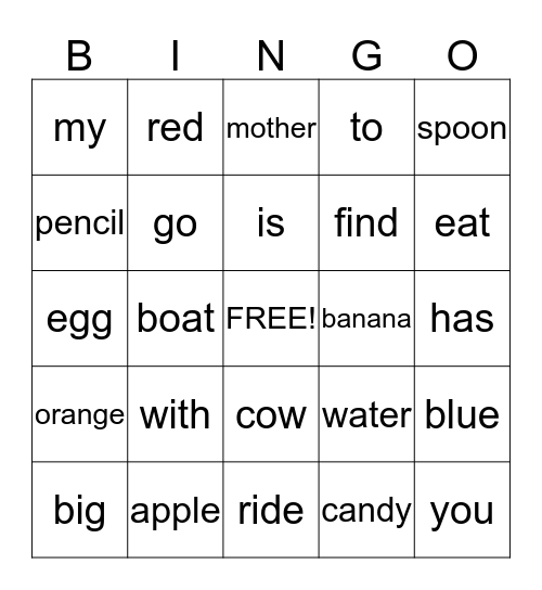 Edmark Bingo (words 21-43) Bingo Card