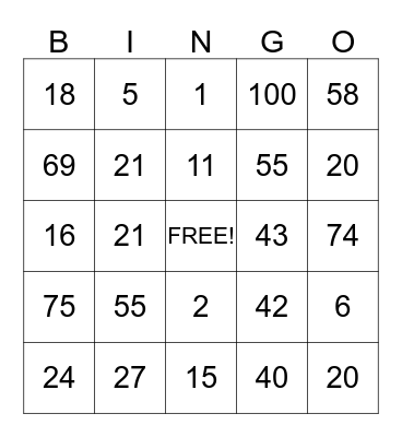 Order of Operations Bingo Card