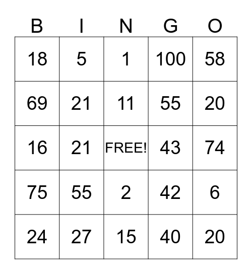 Order of Operations Bingo Card
