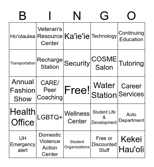 Hidden Campus Resources Bingo Card