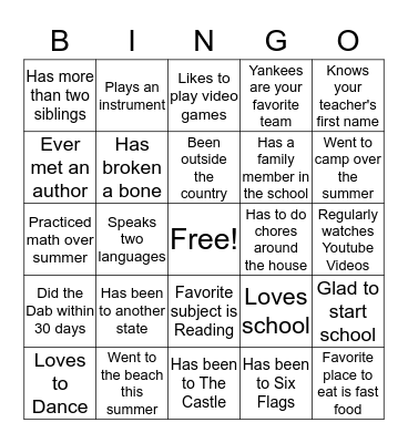 First Day of School Bingo Card