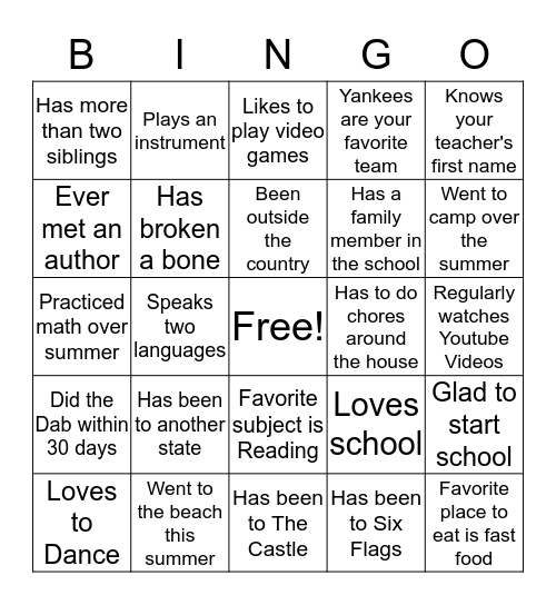 First Day of School Bingo Card