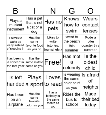 Getting To Know Your Classmates Bingo Card
