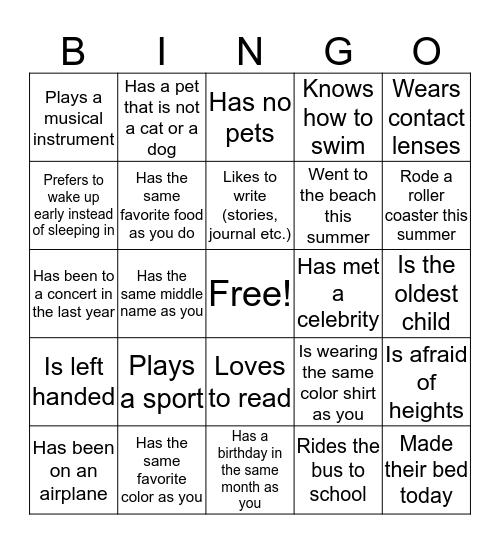 Getting To Know Your Classmates Bingo Card