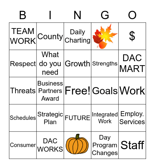 Fall Staff BINGO 2019 Bingo Card