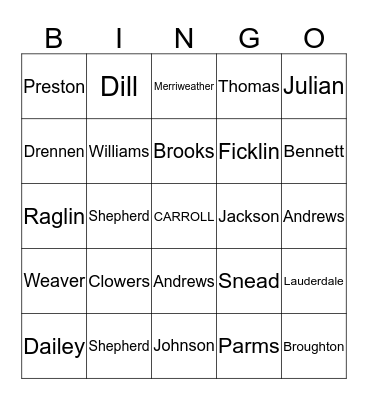 CARROLL FAMILY REUNION GATHERING Bingo Card