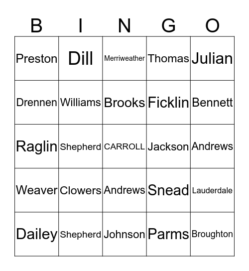 CARROLL FAMILY REUNION GATHERING Bingo Card
