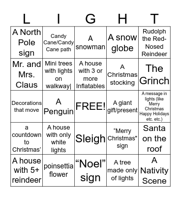 Christmas Light scavenger hunt Bingo Card