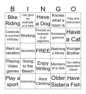 Getting To Know You Bingo Card