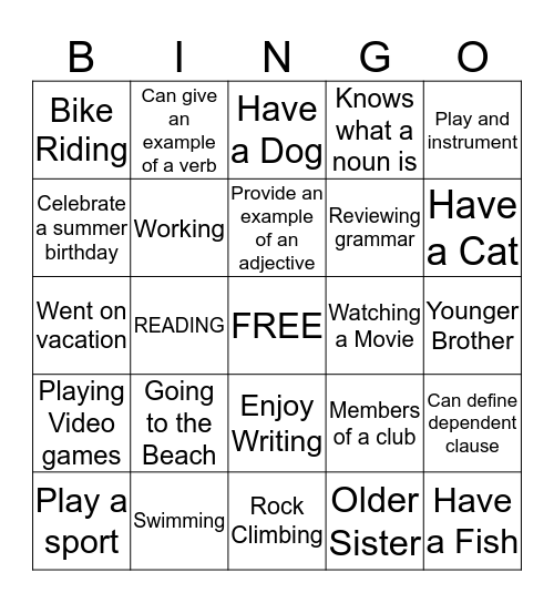 Getting To Know You Bingo Card