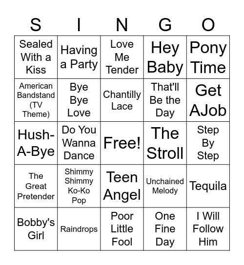 50's Rock & Roll Bingo Card