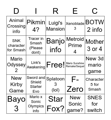 Nintendo Direct Bingo 9.6.2019 Bingo Card