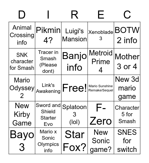 Nintendo Direct Bingo 9.6.2019 Bingo Card