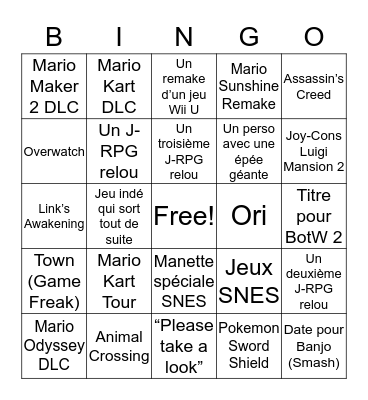 NINTENDO DIRECT Bingo Card