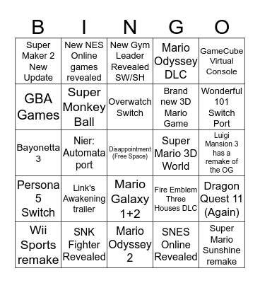 2019 September Nintendo Direct Bingo Card
