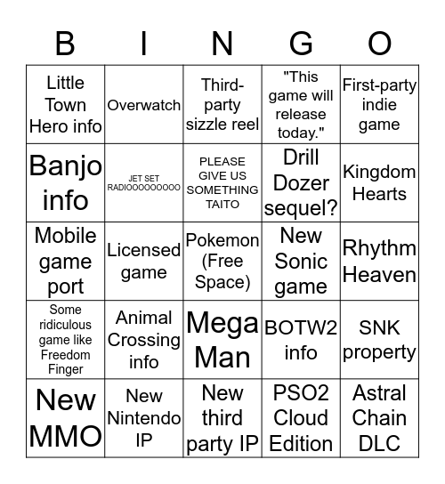 Nintendo Direct Bingo Card