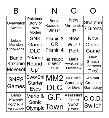 Nintendo Direct 9/4/19 Bingo Card