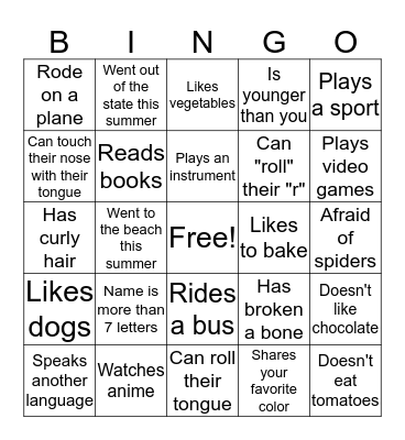 Student Bingo Card