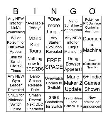 Nintendo Direct - September 4th, 2019 Bingo Card