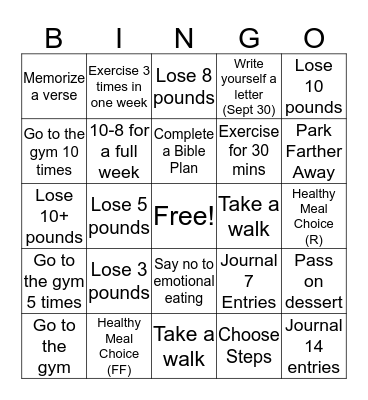 Healthy Changes Bingo Card