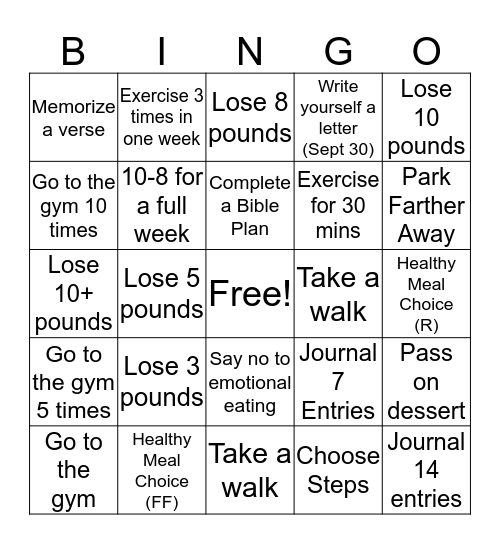 Healthy Changes Bingo Card