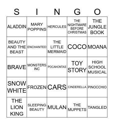 414 DISNEY MOVIES Bingo Card