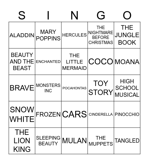 414 DISNEY MOVIES Bingo Card