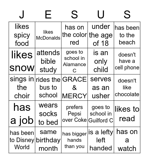 Youth Ministry Meet and Greet Bingo Card