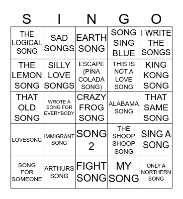 415 SONGS WITH SONG IN THE TITLE Bingo Card