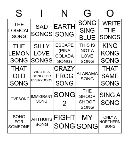 415 SONGS WITH SONG IN THE TITLE Bingo Card